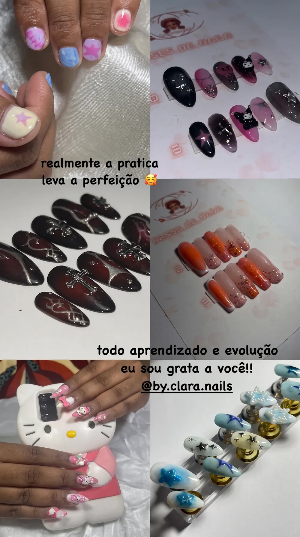 Colagem de resultados de alunas com unhas coloridas, press ons pretos e rosa, e unhas azuis com estrelas, com a mensagem: realmente a prática leva à perfeição