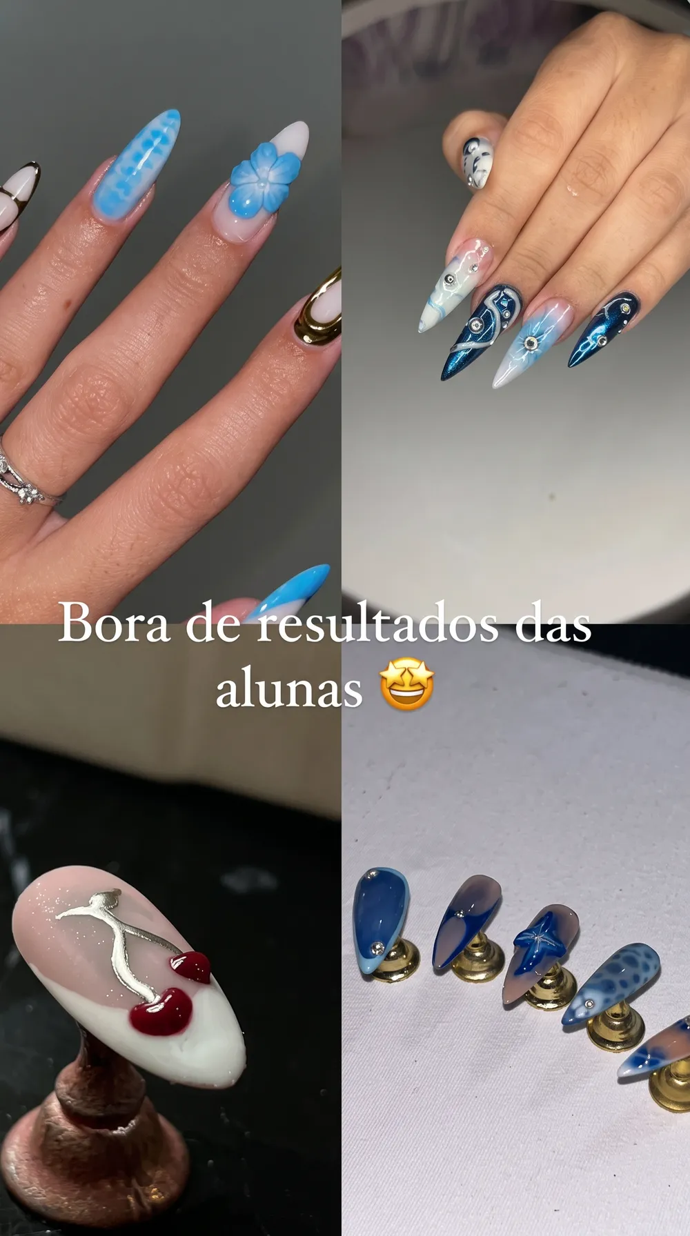 Colagem de resultados de alunas com unhas azuis, flor 3D, cereja em relevo e unhas em tips magnéticos