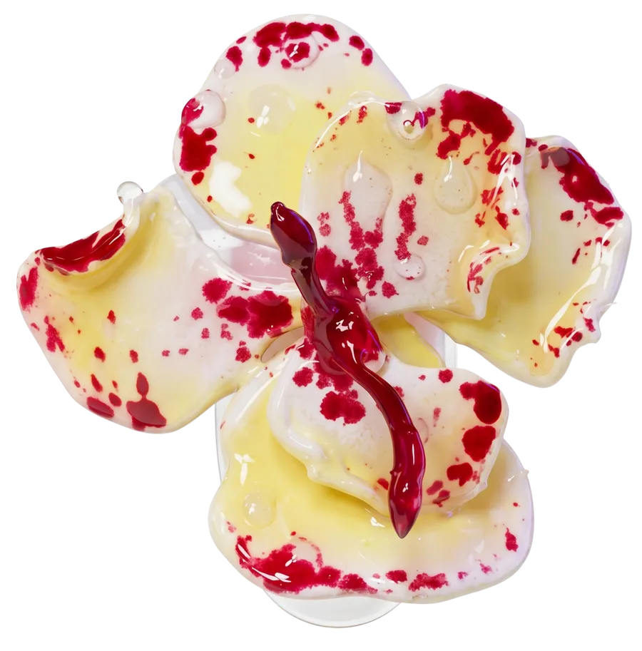 Unha com uma orquídea 3D esculpida em vermelho, amarelo e branco